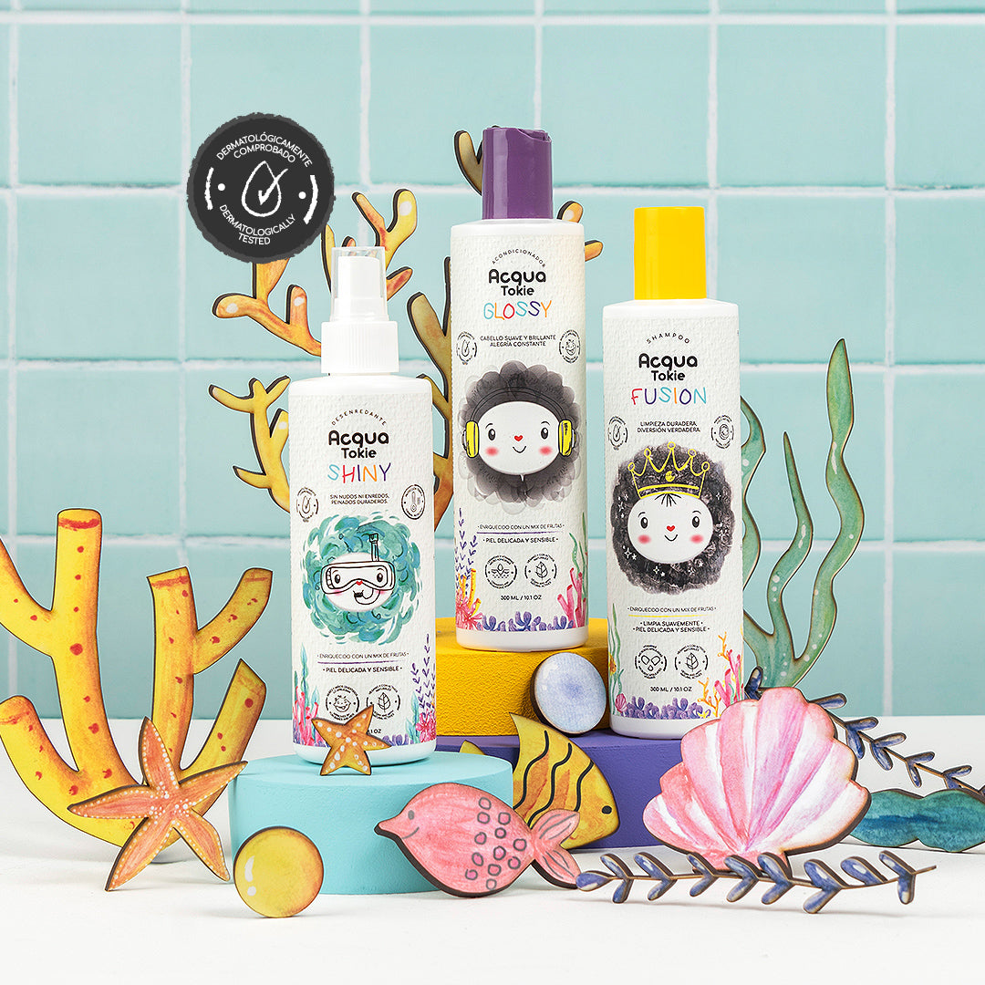 Acqua Tokie Fusion Shampoo + Glossy Conditioner + Shiny Detangler Kit for Brown and Dark Hair
