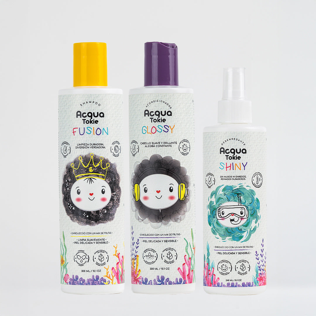 Acqua Tokie Fusion Shampoo + Glossy Conditioner + Shiny Detangler Kit for Brown and Dark Hair