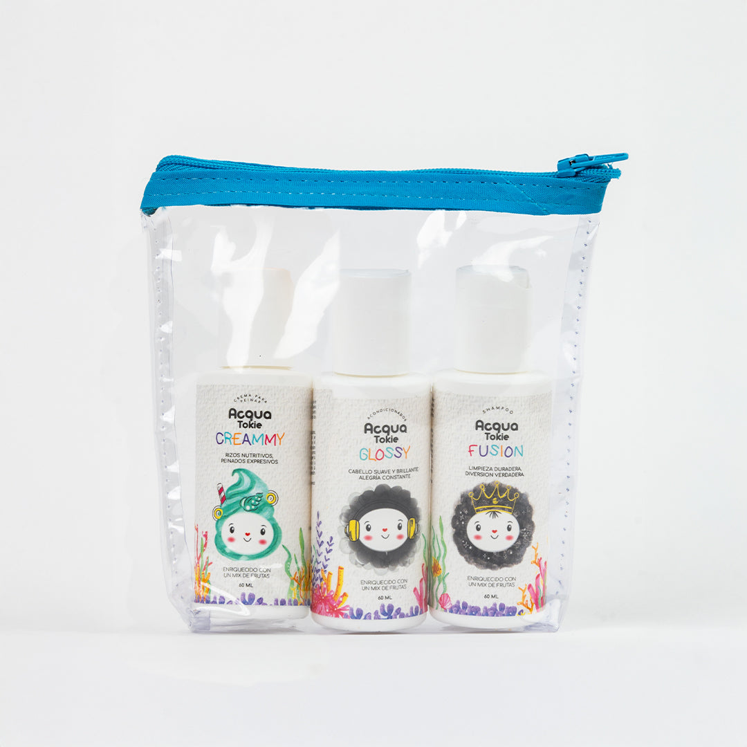 Kit Viajero Acqua Tokie Shampoo Fusión + Acondicionador Glossy + Crema para peinar Creammy Cabello Castaño y Oscuro