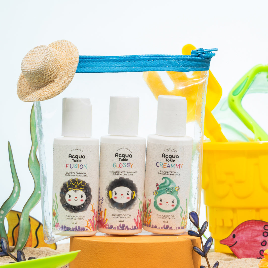 Kit Viajero Acqua Tokie Shampoo Fusión + Acondicionador Glossy + Crema para peinar Creammy Cabello Castaño y Oscuro