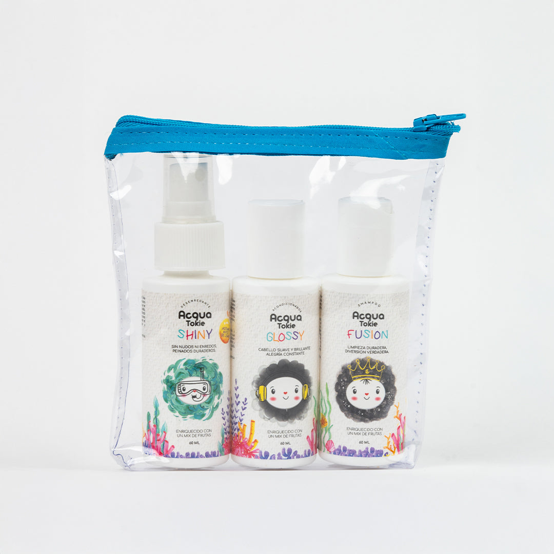 Kit Viajero Acqua Tokie Shampoo Fusión + Acondicionador Glossy + Desenredante Shiny Cabello Castaño y Oscuro