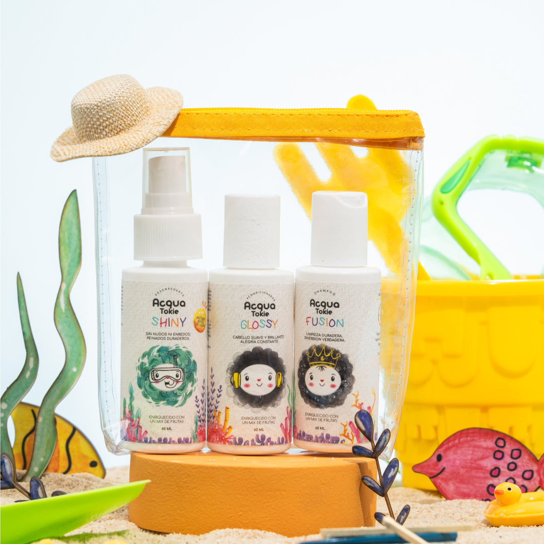 Kit Viajero Acqua Tokie Shampoo Fusión + Acondicionador Glossy + Desenredante Shiny Cabello Castaño y Oscuro